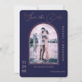 モダンバラシンプル金ゴールドネイビーブルーアーチ結婚ーズ セーブザデート (正面)