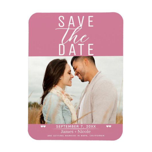 モダンバラピンク日付の写結婚真を保存 マグネット (縦)
