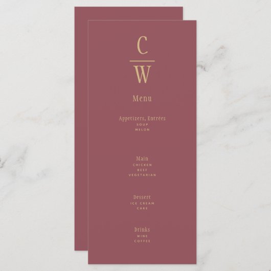 モダンバラピンク結婚金ゴールドモノグラムの メニュー (正面/裏面)