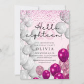 モダンバラピンク18誕生日グリッターバルーン 招待状 (正面)