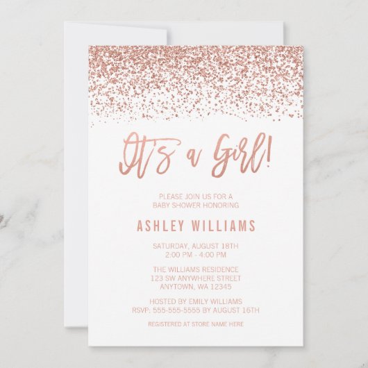 モダンバラフェイク金ゴールドグリッターガールベイビーシャワー 招待状 (正面)