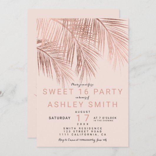 モダンバラフェイク金ゴールドパームツリー赤面スウィート16 招待状 (正面/裏面)