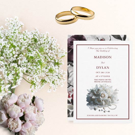 モダンバラ結婚式招待状とホワイトローズ 招待状