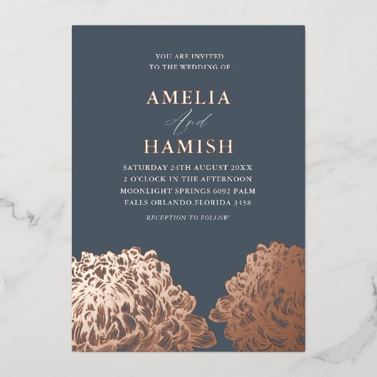 モダンバラ金ゴールドとブルーフローラ結婚ズ 箔招待状 (正面)