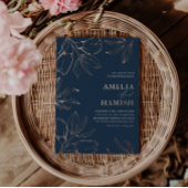 モダンバラ金ゴールドとブルーフローラ結婚ズ 箔招待状