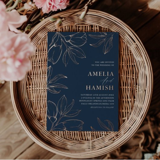 モダンバラ金ゴールドとブルーフローラ結婚ズ 箔招待状