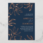 モダンバラ金ゴールドとブルーフローラ結婚ズ 箔招待状 (正面)