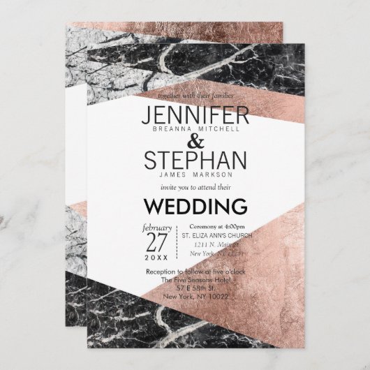 モダンバラ金ゴールドと大理石結婚式招待状 招待状 (正面/裏面)