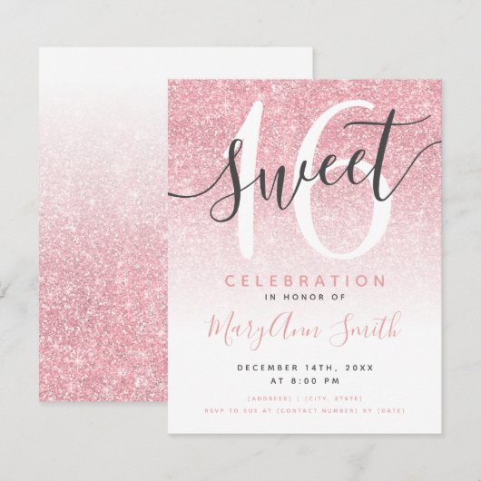 モダンバラ金ゴールドグラデーショングリッター16誕生日 招待状 (正面/裏面)