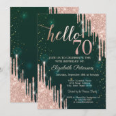 モダンバラ金ゴールドグリッタードリップスグリーン70誕生日 招待状 (正面/裏面)