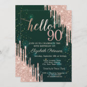 モダンバラ金ゴールドグリッタードリップスグリーン90誕生日 招待状 (正面/裏面)