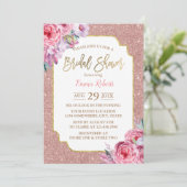 モダンバラ金ゴールドグリッターピンクフローラブライダルシャワー 招待状 (スタンド正面)