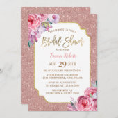 モダンバラ金ゴールドグリッターピンクフローラブライダルシャワー 招待状 (正面/裏面)