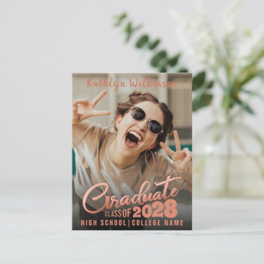 モダンバラ金ゴールドスエレガントクリプト写真の卒業 案内ポストカード (スタンド正面)