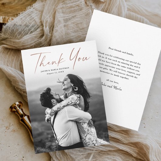 モダンバラ金ゴールドスクリプト結婚写真 サンキューカード