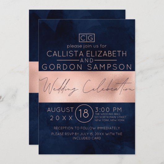 モダンバラ金ゴールドネイビストライプー水の色結婚の 招待状 (正面/裏面)