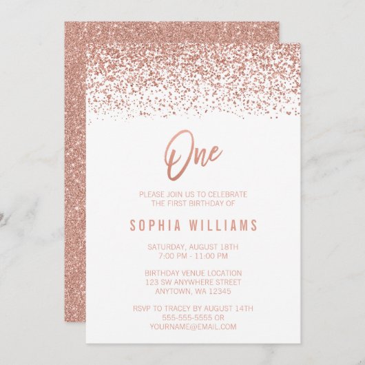 モダンバラ金ゴールドフェイクグリッター1歳の誕生日 招待状 (正面/裏面)