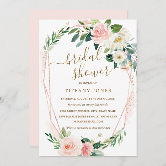 モダンバラ金ゴールドフローラリースブライダルシャワー 招待状 (正面/裏面)