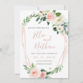 モダンバラ金ゴールドフローラリース日付の保存 招待状 (正面)