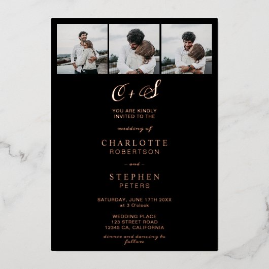 モダンバラ金ゴールドブラックイニシャル4枚結婚の写真 箔招待状 (正面)