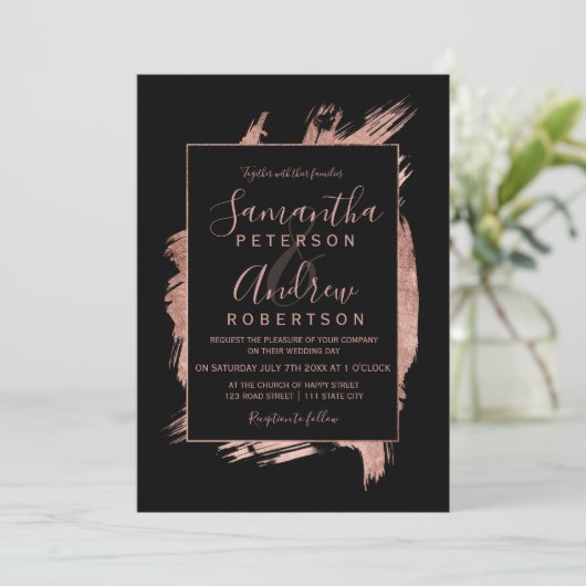 モダンバラ金ゴールドブラックフレームタイポグラフィ結婚ズ 招待状 (スタンド正面)