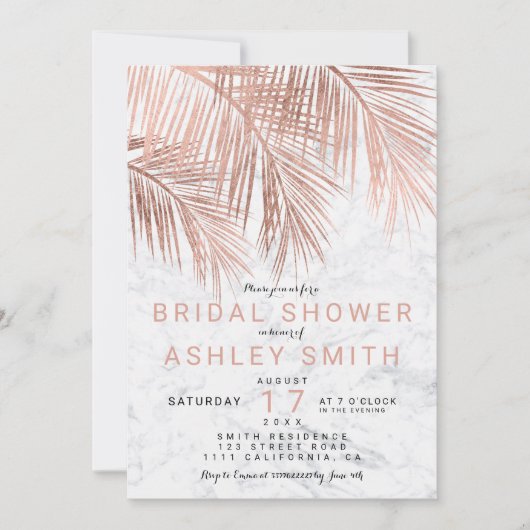 モダンバラ金ゴールドヤシの木の大理石ブライダルシャワー 招待状 (正面)