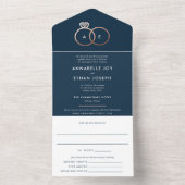 モダンバラ金ゴールドリングや輪ネイビーブルー結婚ズ オールインワン招待状 (内側)