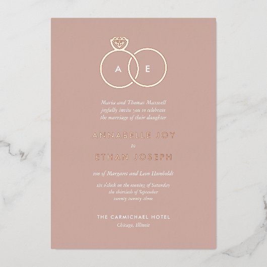 モダンバラ金ゴールドリングや輪深い結婚赤面 箔招待状 (正面)