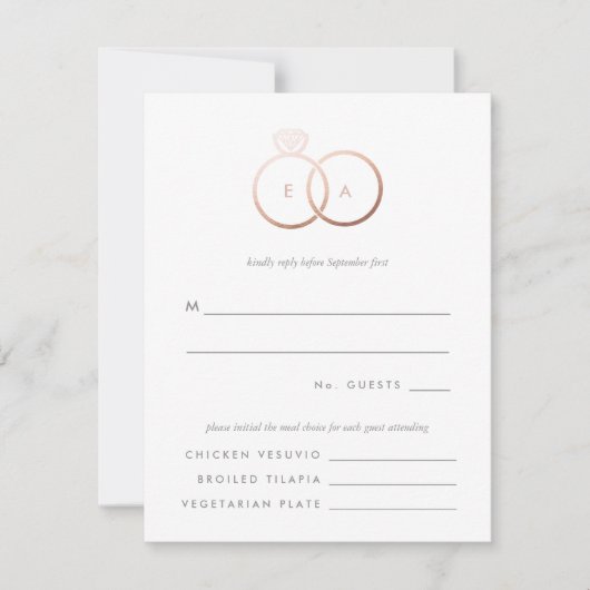 モダンバラ金ゴールドリングや輪結婚式RSVP返信カード 出欠カード (正面)