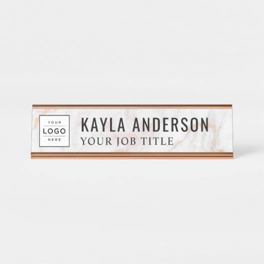 モダンバラ金ゴールド大理石パーソナライズされたビジネスロゴ デスクネームプレート (正面)