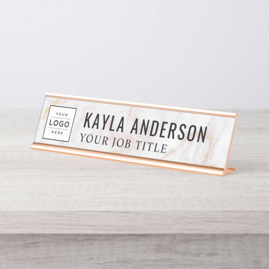 モダンバラ金ゴールド大理石パーソナライズされたビジネスロゴ デスクネームプレート (正面)