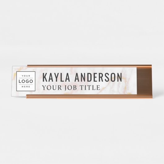 モダンバラ金ゴールド大理石パーソナライズされたビジネスロゴ デスクネームプレート (正面)