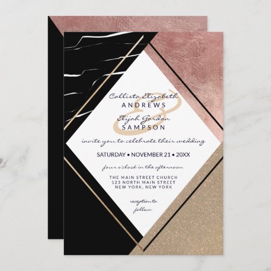 モダンバラ金ゴールド大理石幾何三角形結婚の 招待状 (正面/裏面)