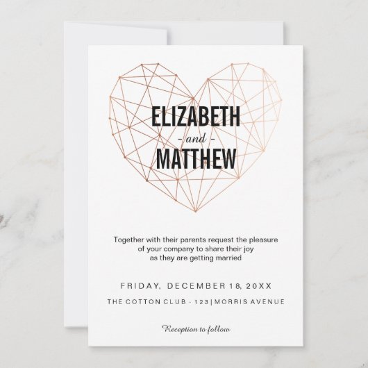 モダンバラ金ゴールド幾何ハート結婚の 招待状 (正面)