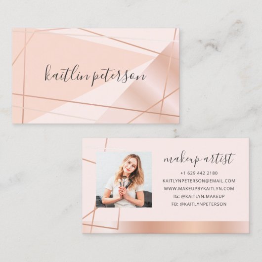 モダンバラ金ゴールド幾何学的赤面ピンクメイクサロン 名刺 (正面/裏面)