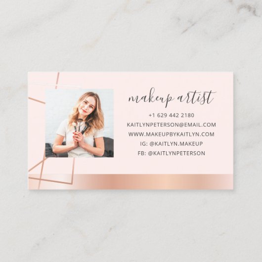 モダンバラ金ゴールド幾何学的赤面ピンクメイクサロン 名刺 (裏面)