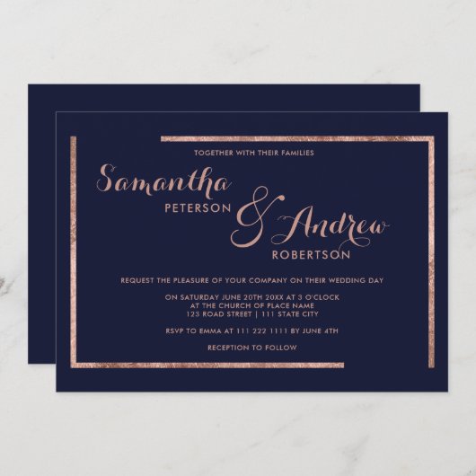 モダンバラ金ゴールド縁どネービーブルースクリプト 招待状 (正面/裏面)