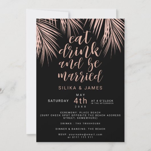 モダンバラ金ゴールド黒熱帯パーム結婚ツリーs2 招待状 (裏面)