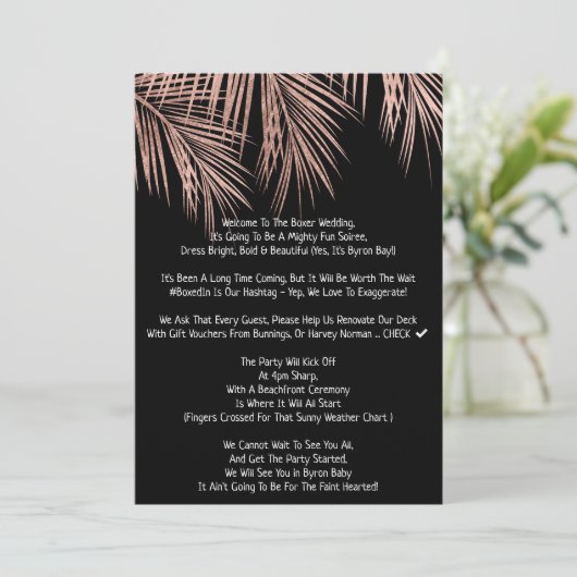 モダンバラ金ゴールド黒熱帯パーム結婚ツリーs2 招待状 (スタンド正面)