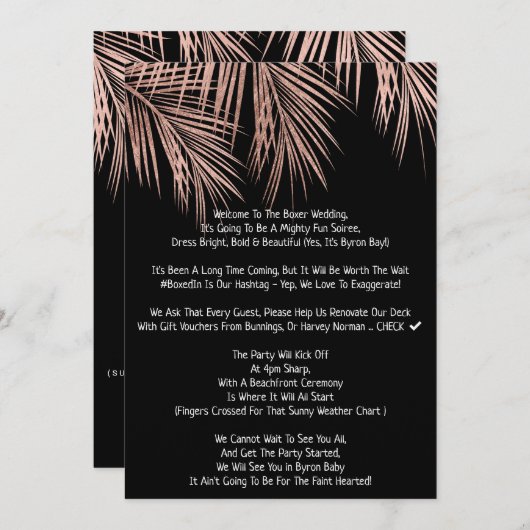 モダンバラ金ゴールド黒熱帯パーム結婚ツリーs2 招待状 (正面/裏面)