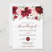 モダンバーガンディーピンクの水彩フローラ結婚ズ 招待状 (正面)