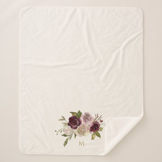 モダンバーガンディーピンクフローラ水彩モノグラム シェルパブランケット (正面)