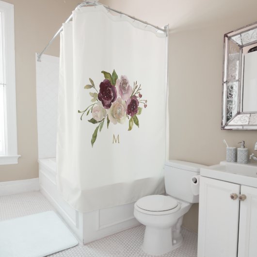 モダンバーガンディーピンクフローラ水彩モノグラム シャワーカーテン (インサイチュ)