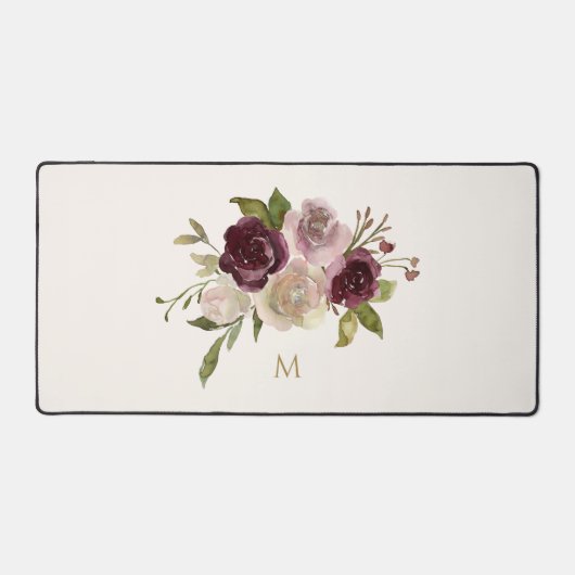 モダンバーガンディーピンクフローラ水彩モノグラム デスクマット (正面)