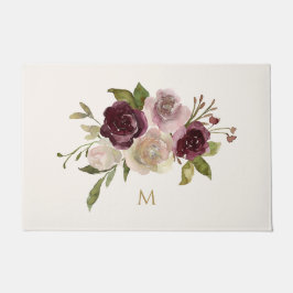 モダンバーガンディーピンクフローラ水彩モノグラム ドアマット