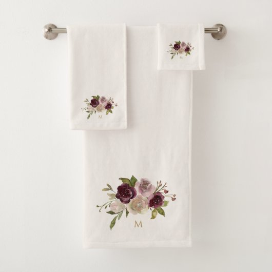 モダンバーガンディーピンクフローラ水彩モノグラム バスタオルセット (インサイチュ)