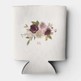 モダンバーガンディーピンクフローラ水彩モノグラム 缶クーラー