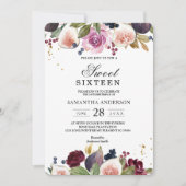 モダンバーガンディ水彩花&ベリー 招待状 (正面)