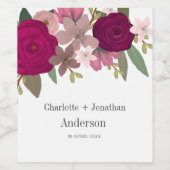 モダンバーグンディ結婚ガーデンの花のカップル名 ワインラベル (シングルラベル)