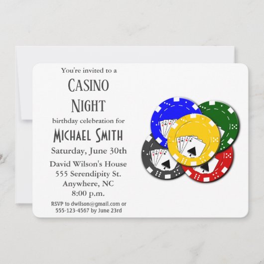 モダンバースデーパーティーカジノトランプのポーカーナイト 招待状 (正面)